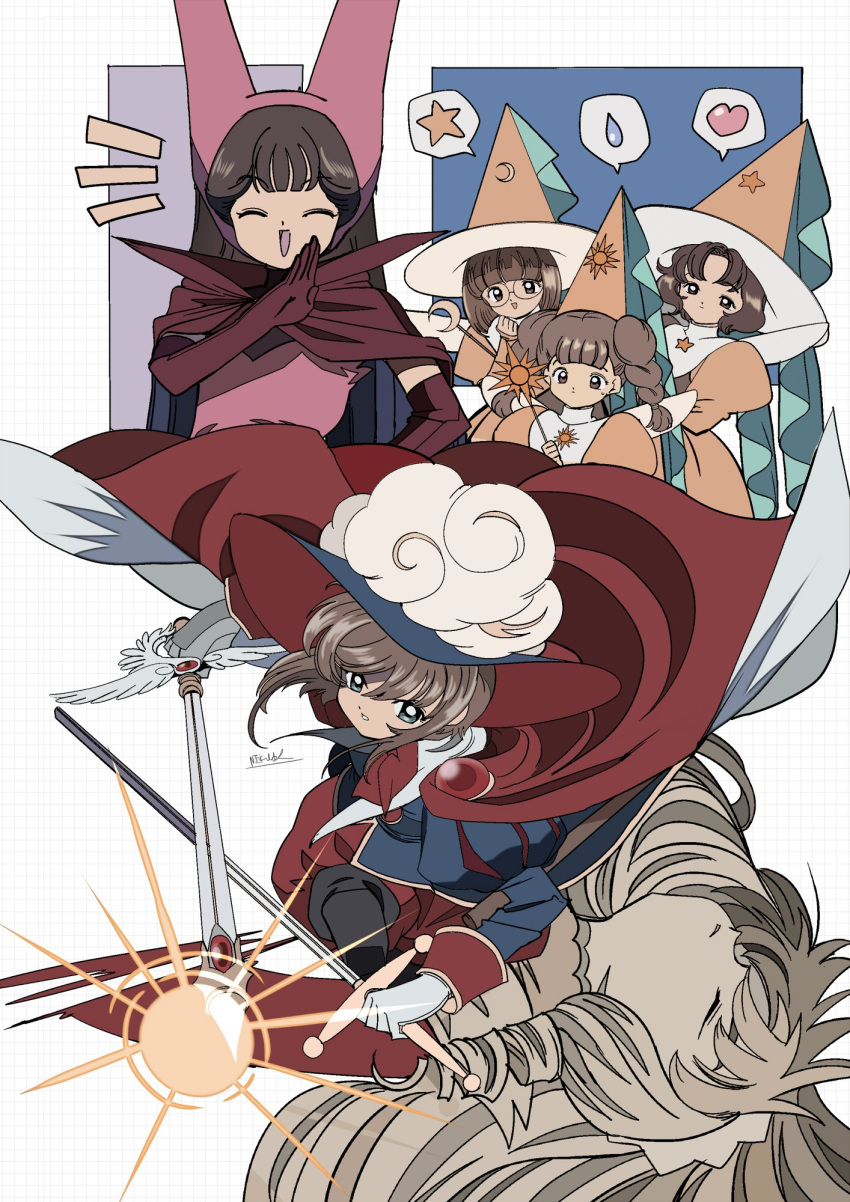 1boy 5girls cape cardcaptor_sakura closed_eyes costume edoya_inuhachi glasses hat heart highres kinomoto_sakura li_meiling li_xiaolang mihara_chiharu multiple_girls official_alternate_costume open_mouth red_cape sasaki_rika star_(symbol) sword weapon yanagisawa_naoko