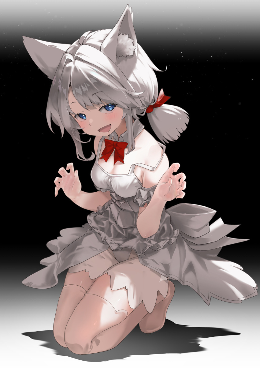 1girl animal_ear_fluff animal_ears black_background blue_eyes bow bowtie breasts commentary_request gradient gradient_background hair_ribbon highres hoshi_umi kneeling looking_at_viewer medium_breasts open_mouth original pink_legwear red_bow red_bowtie red_ribbon ribbon short_hair skirt smile thigh-highs white_hair white_skirt