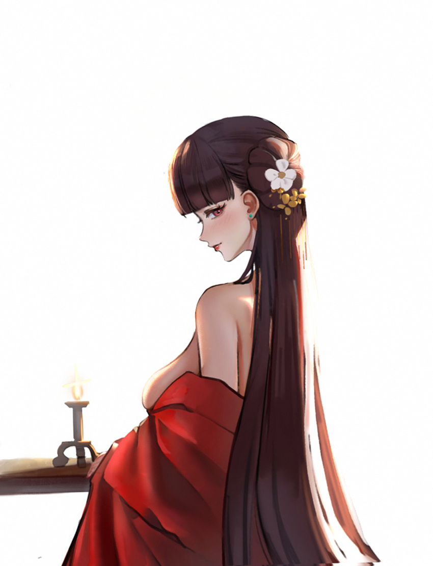 1girl azur_lane bare_shoulders black_hair breasts candle ear_piercing flower hair_flower hair_ornament highres hime_cut japanese_clothes kimono large_breasts long_hair nianyuguai official_alternate_costume partially_undressed piercing red_eyes red_kimono seductive_smile sideboob simple_background smile solo table upper_body very_long_hair white_background white_flower yat_sen_(azur_lane) yat_sen_(coronal_afterglow)_(azur_lane)