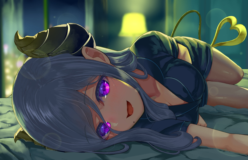 1girl absurdres blurry blurry_background breasts demon_tail futayamam2 grey_hair highres honey_strap horns indoors lamp light_blush looking_at_viewer lying medium_breasts mole mole_under_mouth on_side open_mouth saionji_mary shorts smile solo tail violet_eyes virtual_youtuber