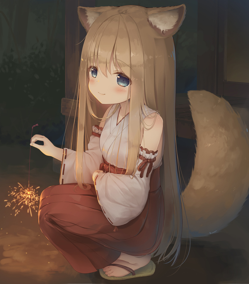 1girl animal_ear_fluff animal_ears blue_eyes blush brown_hair detached_sleeves dog_ears dog_girl dog_tail eyebrows_visible_through_hair feet fireworks hakama hakama_skirt highres japanese_clothes long_hair miko night original outdoors psyche3313 red_hakama red_skirt sandals shirt skirt smile solo sparkler squatting tail toes very_long_hair white_shirt white_sleeves