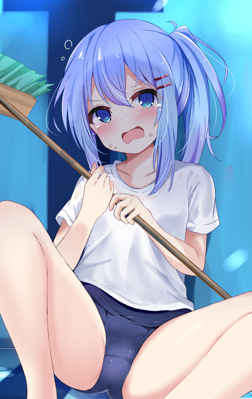 1girl absurdres anger_vein annoyed ass blue_eyes blue_hair blue_swimsuit blush broom embarrassed hair_ornament hairclip highres legs long_hair looking_at_viewer nagomi_yayado one-piece_swimsuit original ponytail school_swimsuit shirt short_sleeves sitting solo spread_legs swimsuit swimsuit_under_clothes tears thighs white_shirt