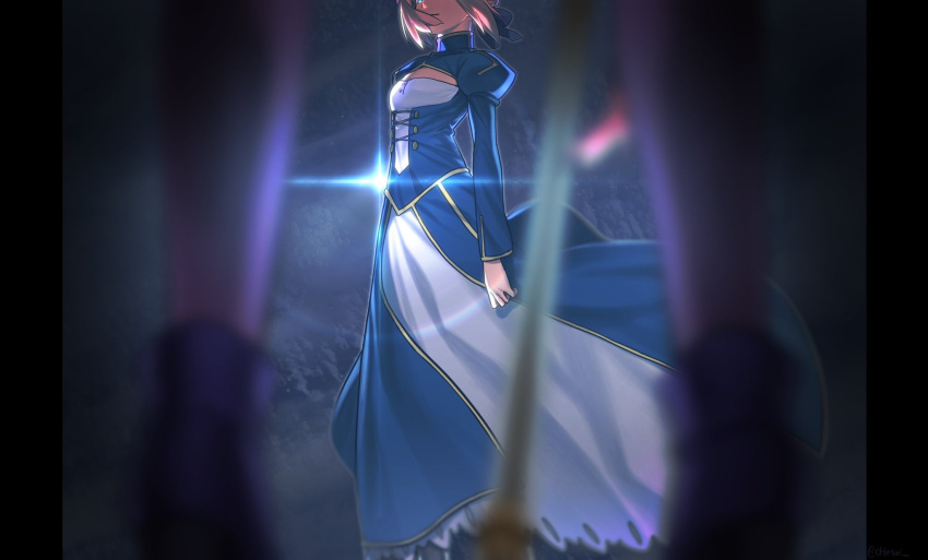 2girls artoria_caster_(fate) artoria_caster_(second_ascension)_(fate) artoria_pendragon_(fate) backlighting bangs blonde_hair blue_bow blue_dress blue_light bow breasts chietori dark_background dress fate/grand_order fate_(series) green_eyes hair_bow hair_ornament highres juliet_sleeves long_skirt long_sleeves multiple_girls puffy_sleeves saber short_hair signature skirt staff