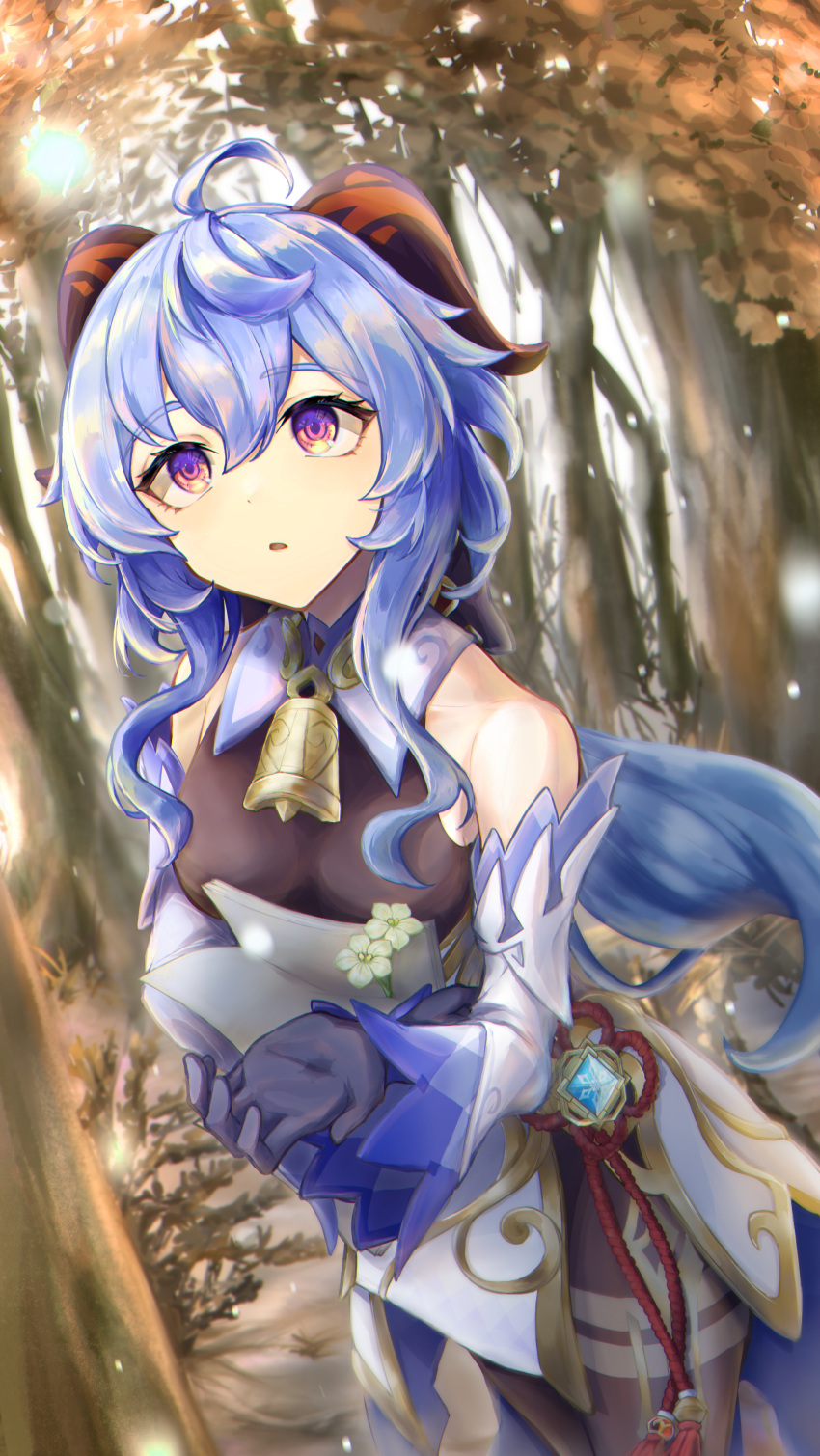 1girl absurdres ahoge bangs bare_shoulders bell blue_gloves blue_hair breasts detached_sleeves eyebrows_visible_through_hair flower ganyu_(genshin_impact) genshin_impact gloves gold_trim highres holding holding_flower holding_paper horns long_hair looking_at_another looking_up momijioroshipz neck_bell outdoors paper parted_lips qingxin_flower sidelocks solo thighlet tree violet_eyes vision_(genshin_impact) white_flower white_sleeves