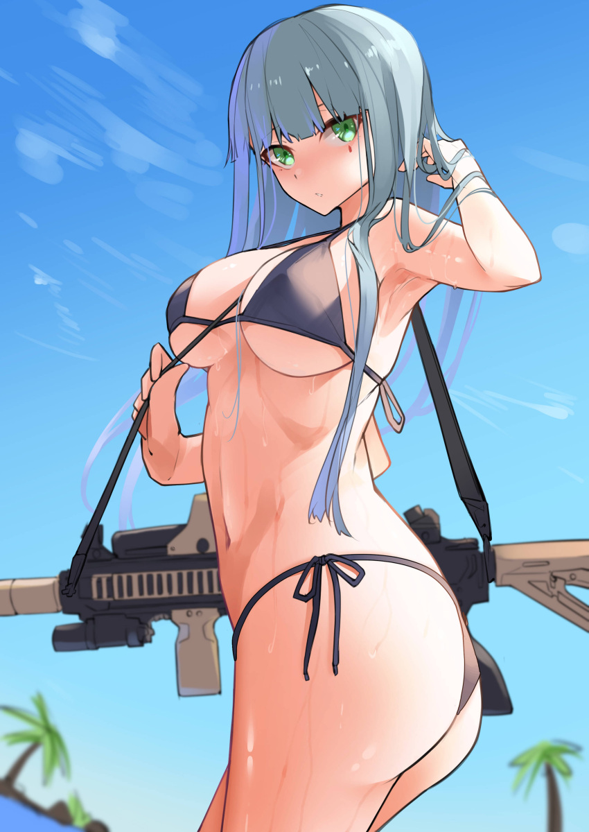 1girl absurdres ass assault_rifle bangs between_breasts bikini black_bikini blue_sky blunt_bangs breasts facial_mark from_side girls_frontline green_eyes gun h&amp;k_hk416 highres hk416_(girls'_frontline) large_breasts light_blue_hair long_hair looking_at_viewer outdoors palm_tree parted_lips rifle ringobatake side-tie_bikini sky solo straight_hair strap strap_between_breasts swimsuit thighs tree weapon wet