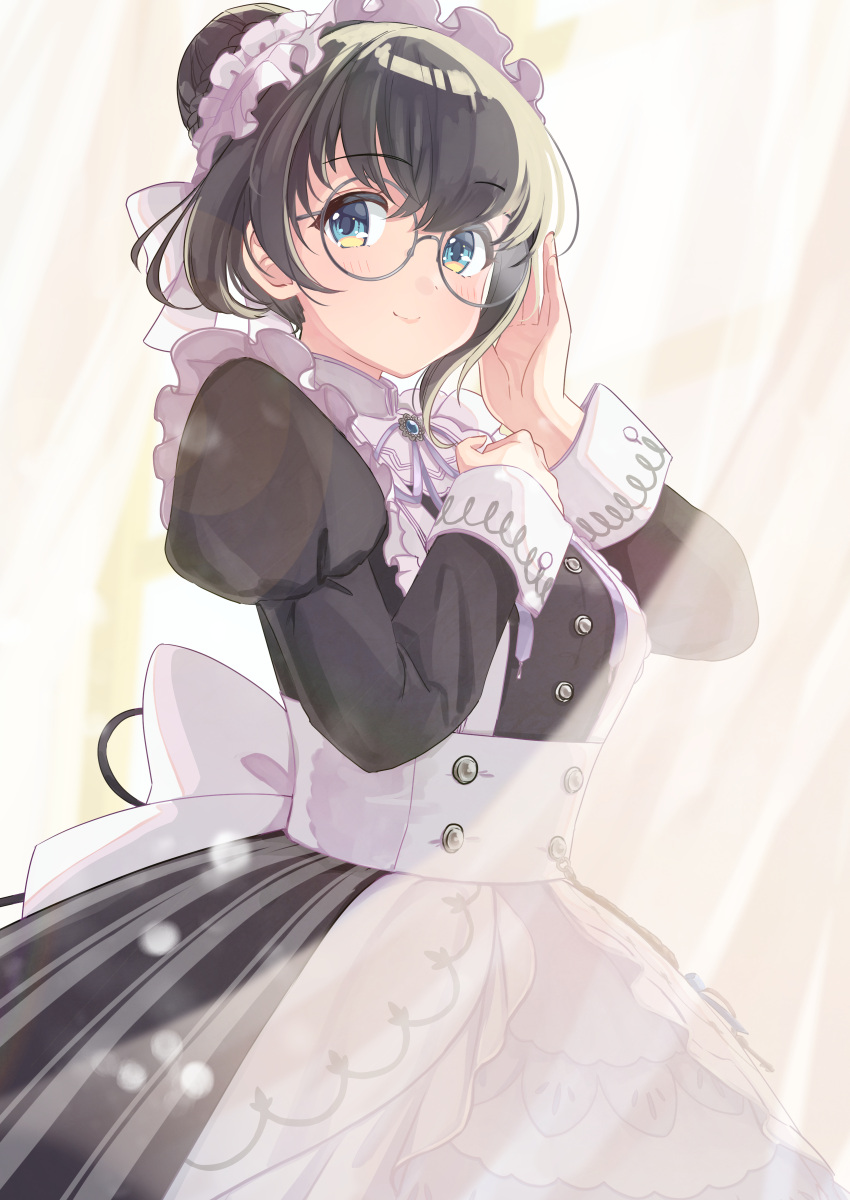 1girl absurdres alternate_costume bespectacled black_hair blue_eyes blush closed_mouth commentary_request curtains enmaided glasses hair_bun hands_up highres idolmaster idolmaster_cinderella_girls idolmaster_cinderella_girls_starlight_stage juliet_sleeves kisaragi_satsuki long_sleeves looking_at_viewer maid maid_day maid_headdress making-of_available official_alternate_hairstyle puffy_sleeves round_eyewear sagisawa_fumika smile solo upper_body