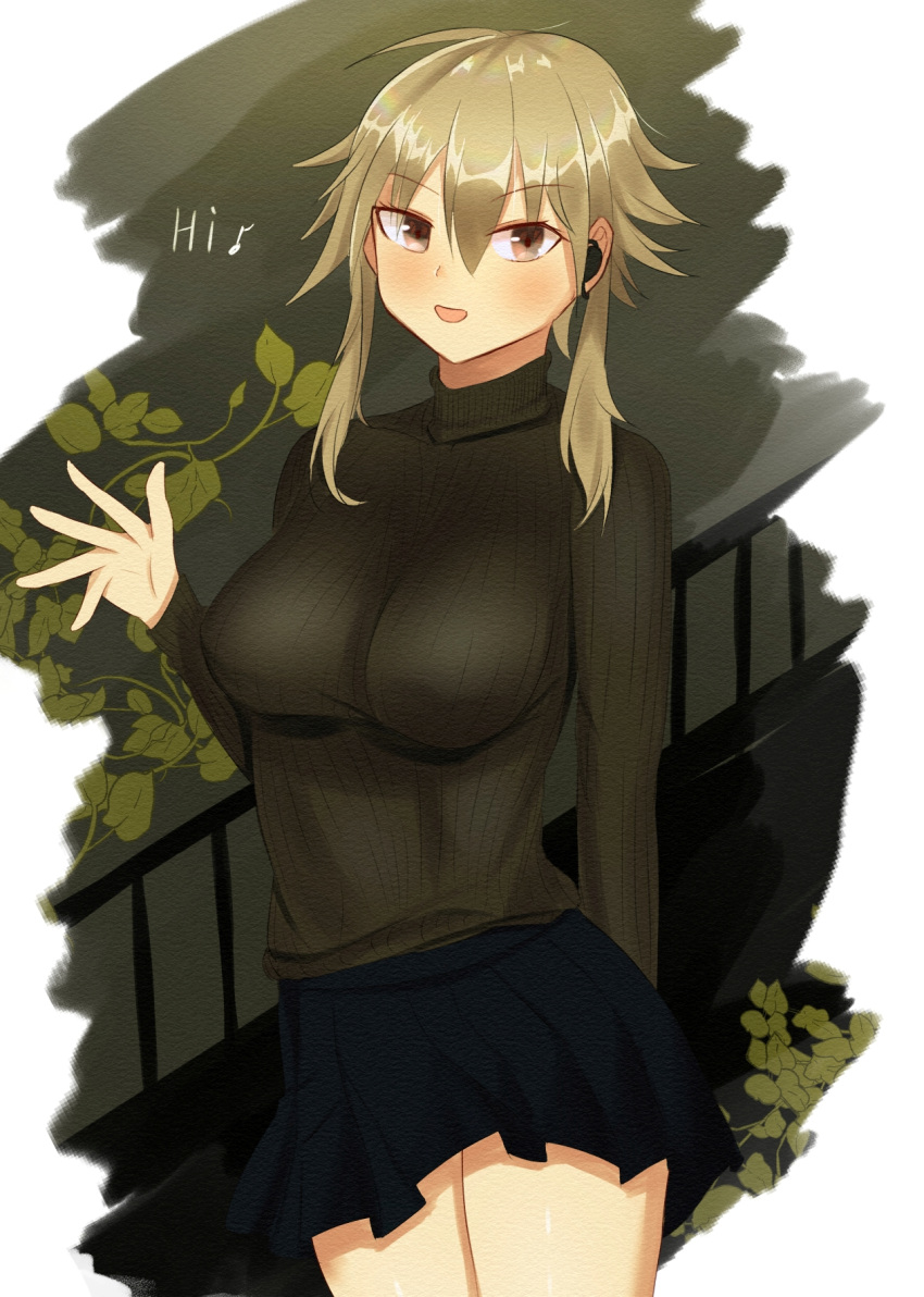 1girl ahoge arknights black_sweater blue_skirt breasts brown_hair eyebrows_visible_through_hair fence green_background grey_eyes hair_between_eyes headset highres large_breasts long_hair long_sleeves mayer_(arknights) ochazukeakino off_shoulder open_mouth plant ribbed_sweater short_hair_with_long_locks simple_background skirt smile sunlight sweater text_focus thighs turtleneck turtleneck_sweater waving_arm white_background