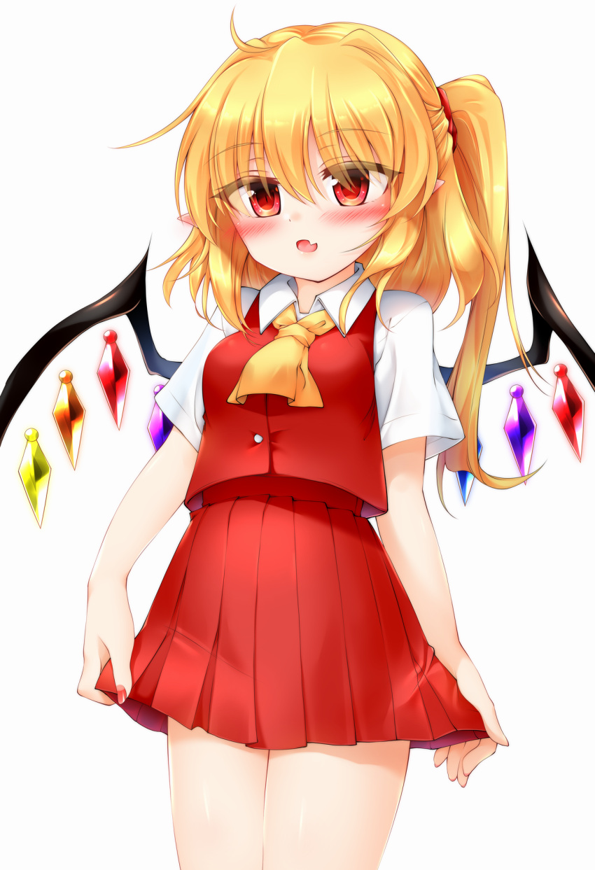 1girl :d ascot bangs blonde_hair blush breasts cowboy_shot crystal eyebrows_visible_through_hair fang flandre_scarlet hair_between_eyes highres long_hair looking_at_viewer marukyuu_ameya miniskirt no_hat no_headwear open_mouth pleated_skirt pointy_ears puffy_short_sleeves puffy_sleeves red_eyes red_skirt red_vest shirt short_sleeves skin_fang skirt smile solo thighs touhou vest white_shirt wings