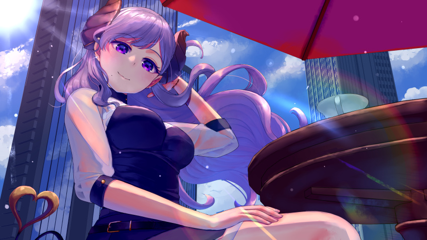 1girl absurdres bangs breasts building closed_mouth cup day demon_tail floating_hair futayamam2 hand_on_own_thigh hand_up highres honey_strap horns long_hair looking_at_viewer medium_breasts mole mole_under_mouth outdoors parasol purple_hair saionji_mary see-through see-through_sleeves solo tail teacup umbrella violet_eyes virtual_youtuber wooden_table