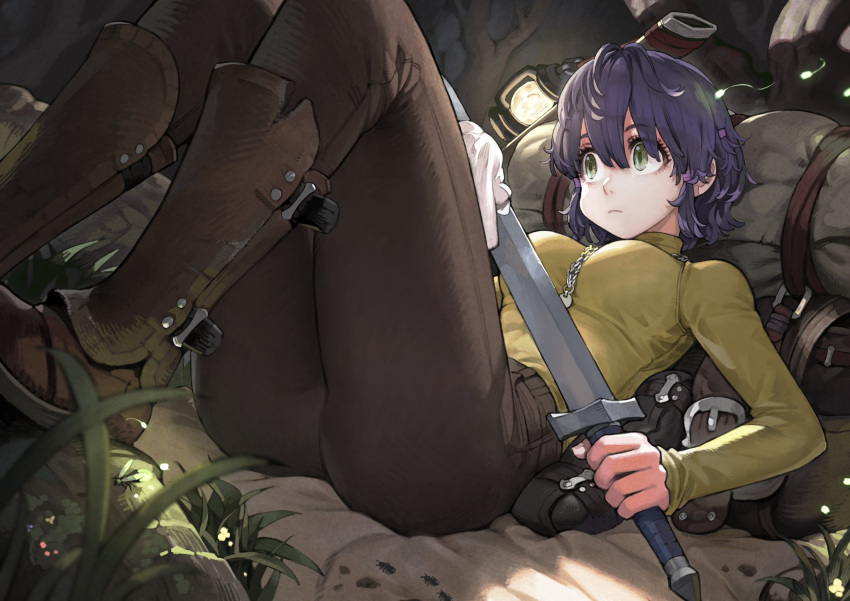 1girl ass backpack bag bangs between_breasts boots breasts brown_footwear brown_pants cleaning_sword commentary_request frown grass green_eyes hair_between_eyes handkerchief highres holding holding_sword holding_weapon jewelry jun_(seojh1029) knee_boots lantern long_sleeves lying medium_breasts medium_hair necklace original pants purple_hair scabbard sheath shirt shirt_tucked_in solo sword thighs turtleneck weapon yellow_shirt
