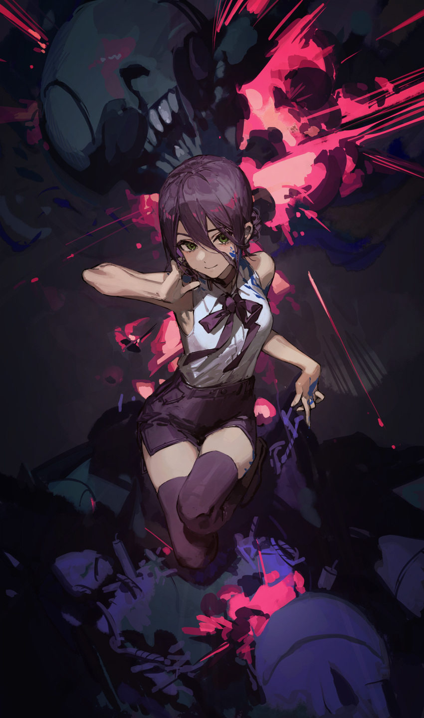 1girl bangs bare_shoulders black_hair black_legwear black_ribbon black_shorts blood blood_on_clothes blood_on_face blue_blood chainsaw_man ciloranko explosion from_above full_body hair_between_eyes hand_up highres looking_at_viewer neck_ribbon reze_(chainsaw_man) ribbon shirt short_hair shorts sleeveless sleeveless_shirt smile solo thigh-highs white_shirt