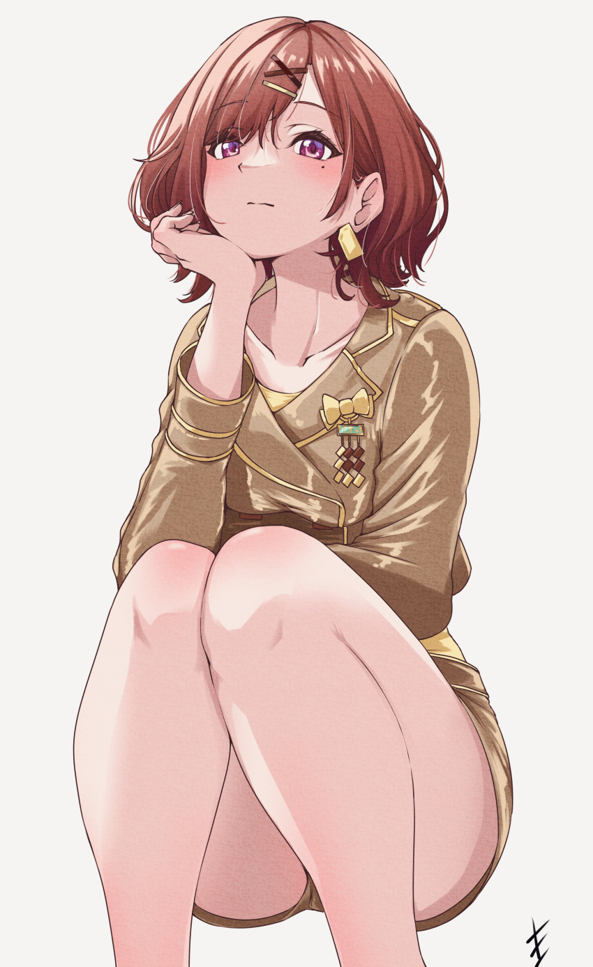 1girl absurdres bangs bare_legs blush brown_hair collarbone earrings end_mha gold_jacket hair_ornament hairclip hand_on_own_chin highres higuchi_madoka idolmaster idolmaster_shiny_colors jewelry long_sleeves looking_at_viewer mole mole_under_eye short_hair simple_background solo thighs violet_eyes white_background x_hair_ornament