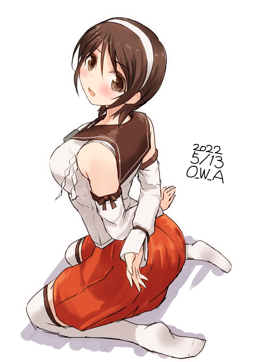 1girl arms_behind_back artist_name brown_eyes brown_hair brown_sailor_collar crossed_arms dated detached_sleeves from_above hairband head_tilt highres kantai_collection kneeling looking_at_viewer natori_(kancolle) one-hour_drawing_challenge owa_(ishtail) pleated_skirt red_skirt sailor_collar school_uniform serafuku shirt short_hair simple_background skirt sleeveless sleeveless_shirt solo white_background