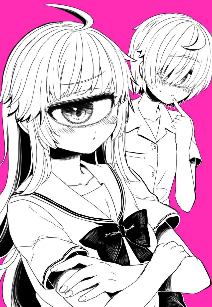 2girls ahoge bangs blush collarbone collared_shirt crossed_arms cyclops eyebrows_visible_through_hair greyscale greyscale_with_colored_background hair_over_eyes highres index_finger_raised long_bangs long_hair looking_at_viewer mntimccz monochrome monster_girl multiple_girls one-eyed original parted_lips pink_background school_uniform serafuku shirt short_hair short_sleeves sweat