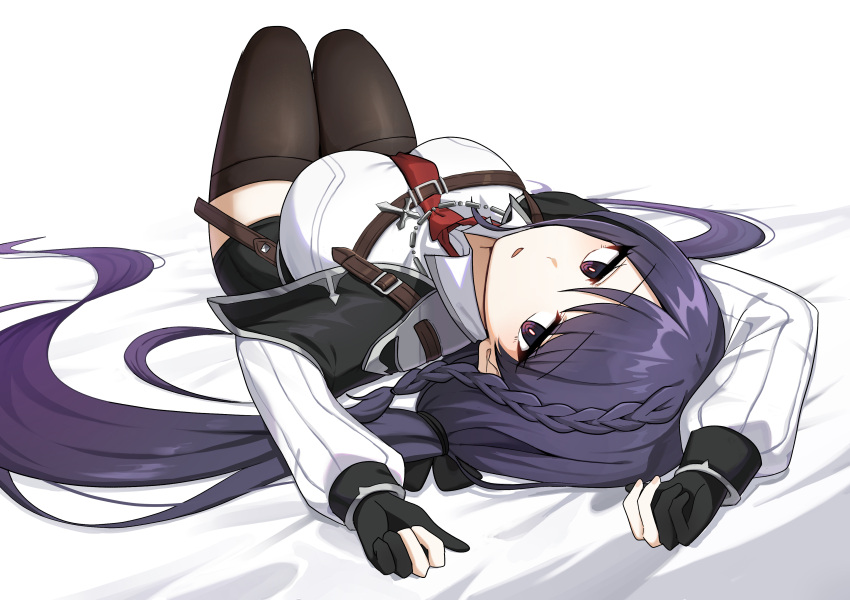 1girl absurdres arms_up bangs black_gloves black_legwear black_survival braid breasts collared_shirt eyebrows_visible_through_hair gloves hair_ornament highres hyejin_(black_survival) knees_up large_breasts lix long_hair long_sleeves looking_at_viewer lying on_back parted_lips purple_hair shirt solo thigh-highs thighs violet_eyes white_background white_shirt