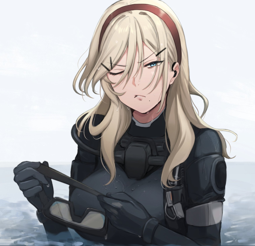 1girl blonde_hair blue_eyes bodysuit closed_mouth eyepiece girls_frontline hair_between_eyes hair_ornament hairband hairclip hairpin highres long_hair looking_at_viewer mole mole_under_mouth on_water one_eye_closed partially_submerged red_hairband shaw_(girls'_frontline) upper_body water wet wet_face wetsuit yotsuyama_(yomo8ama)