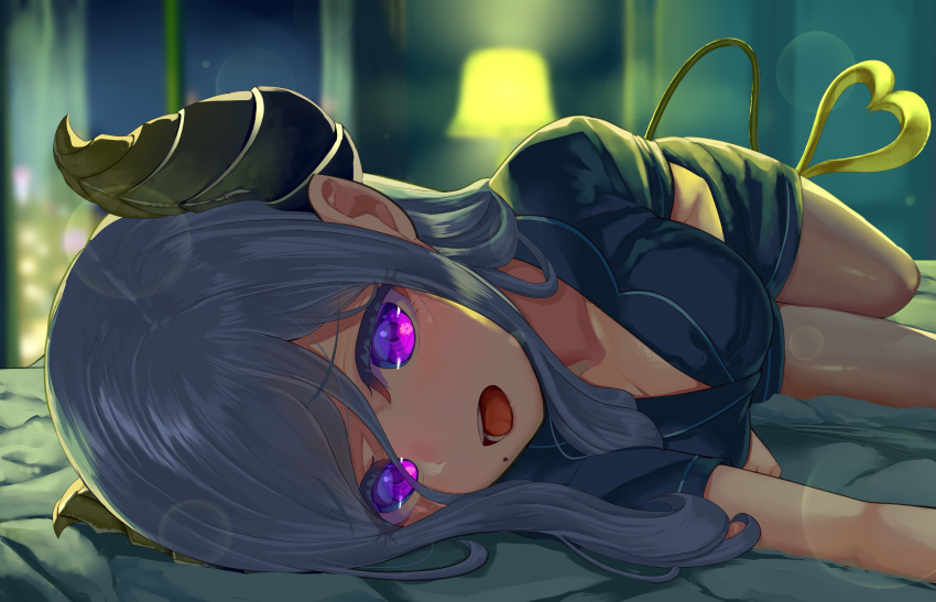 1girl absurdres blurry blurry_background breasts demon_tail futayamam2 grey_hair highres honey_strap horns indoors lamp light_blush looking_at_viewer lying medium_breasts mole mole_under_mouth on_side open_mouth saionji_mary shorts solo tail violet_eyes virtual_youtuber