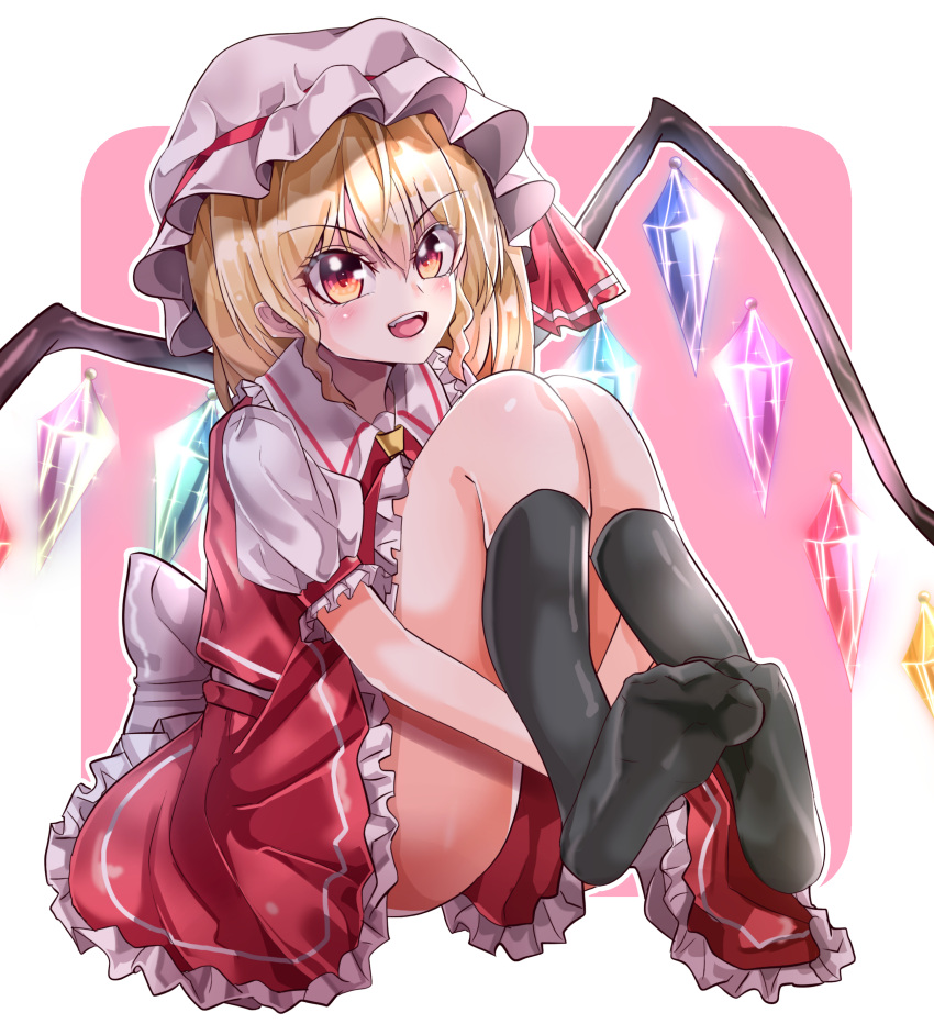 1girl absurdres back_bow black_legwear blonde_hair bow collared_shirt commentary_request crystal eyebrows_visible_through_hair flandre_scarlet frilled_shirt_collar frilled_skirt frilled_sleeves frills full_body hair_between_eyes hat hat_ribbon head_tilt highres hugging_own_legs kneehighs looking_at_viewer maboroshi_mochi medium_hair mob_cap multicolored_wings no_panties no_shoes open_mouth orange_eyes pink_background puffy_short_sleeves puffy_sleeves red_ribbon red_skirt red_vest ribbon shiny shiny_hair shirt short_sleeves side_ponytail simple_background skirt skirt_set solo teeth touhou upper_teeth v-shaped_eyebrows vest white_bow white_headwear white_shirt wings