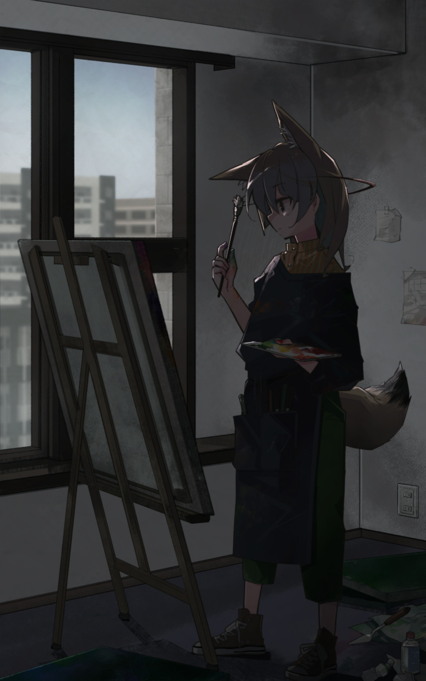 1girl alternate_costume animal_ears apron blonde_hair canvas_(object) capri_pants casual collared_shirt commentary easel extra_ears fennec_(kemono_friends) fox_ears fox_girl fox_tail green_pants highres kemono_friends multicolored_hair nanana_(nanana_iz) paintbrush painting_(object) pants shirt shoes short_hair sneakers solo striped striped_shirt tail white_hair yellow_shirt
