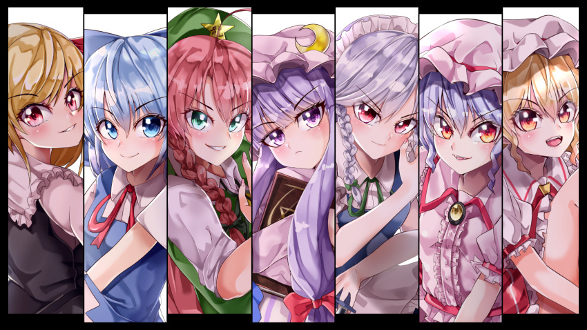 6+girls apron beret black_vest blonde_hair blue_bow blue_dress blue_eyes blue_hair blue_vest book bow braid breasts brooch center_frills cirno closed_mouth collared_shirt commentary_request crescent crescent_hat_ornament dress eyebrows_visible_through_hair fangs flandre_scarlet frilled_apron frilled_shirt frilled_shirt_collar frilled_sleeves frills from_behind frown green_eyes green_headwear green_ribbon green_vest grey_hair hair_between_eyes hair_bow hat hat_ornament hat_ribbon head_tilt highres holding holding_book hong_meiling hugging_own_legs izayoi_sakuya jewelry long_hair looking_at_viewer maboroshi_mochi maid_headdress medium_hair mob_cap multiple_girls neck_ribbon open_mouth orange_eyes patchouli_knowledge pinafore_dress pink_dress pink_headwear pink_shirt puffy_short_sleeves puffy_sleeves purple_hair red_eyes red_ribbon redhead remilia_scarlet ribbon rumia shiny shiny_hair shirt short_hair short_sleeves single_braid small_breasts star_(symbol) star_hat_ornament striped striped_dress teeth touhou twin_braids upper_body upper_teeth v-shaped_eyebrows very_long_hair vest violet_eyes waist_apron white_apron white_headwear white_shirt yellow_brooch