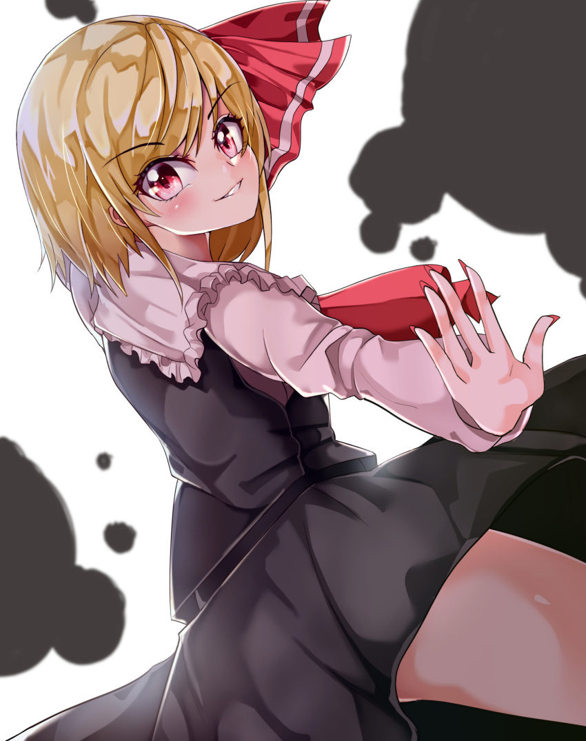 1girl absurdres backlighting black_skirt black_vest blonde_hair commentary_request cowboy_shot darkness eyebrows_visible_through_hair fingernails from_side highres long_sleeves looking_at_viewer looking_to_the_side maboroshi_mochi medium_hair nail_polish red_eyes red_nails rumia sharp_fingernails shiny shiny_hair shirt simple_background skirt skirt_set solo thighs touhou vest white_background white_shirt