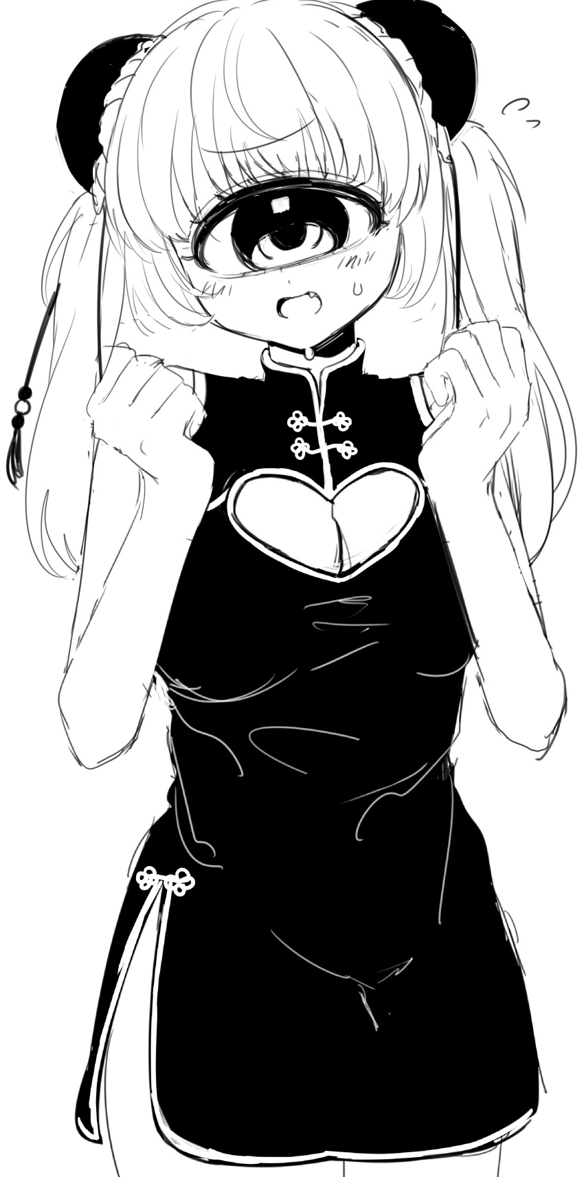 1girl :d absurdres bangs blush bun_cover china_dress chinese_clothes cleavage_cutout clenched_hands clothing_cutout cyclops double_bun dress eyebrows_visible_through_hair fang greyscale heart_cutout highres long_hair looking_at_viewer mntimccz monochrome monster_girl one-eyed original side_slit sketch smile solo sweat twintails