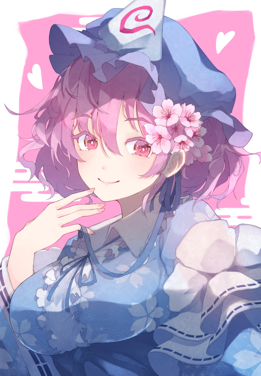 1girl absurdres black_ribbon blue_bow blue_headwear blue_kimono bow chiroru_(cheese-roll) flower frilled_kimono frills hair_flower hair_ornament hat highres japanese_clothes kimono long_sleeves mob_cap neck_ribbon obi pink_background pink_eyes pink_hair ribbon ribbon-trimmed_sleeves ribbon_trim saigyouji_yuyuko sash short_hair smile solo touhou triangular_headpiece white_background wide_sleeves