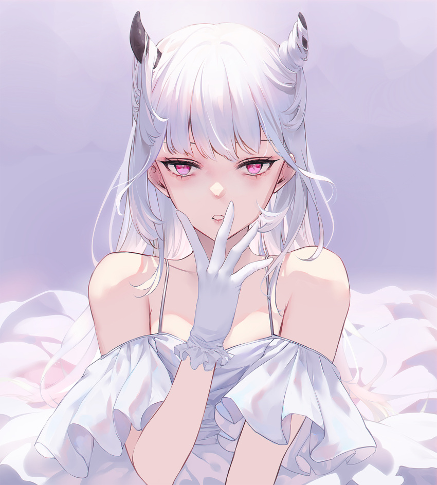 1girl aztodio bangs bare_shoulders black_horns commentary dress frilled_dress frills gloves hand_up highres horns lips long_hair looking_at_viewer off-shoulder_dress off_shoulder original parted_lips pink_hair slit_pupils solo upper_body white_gloves white_hair