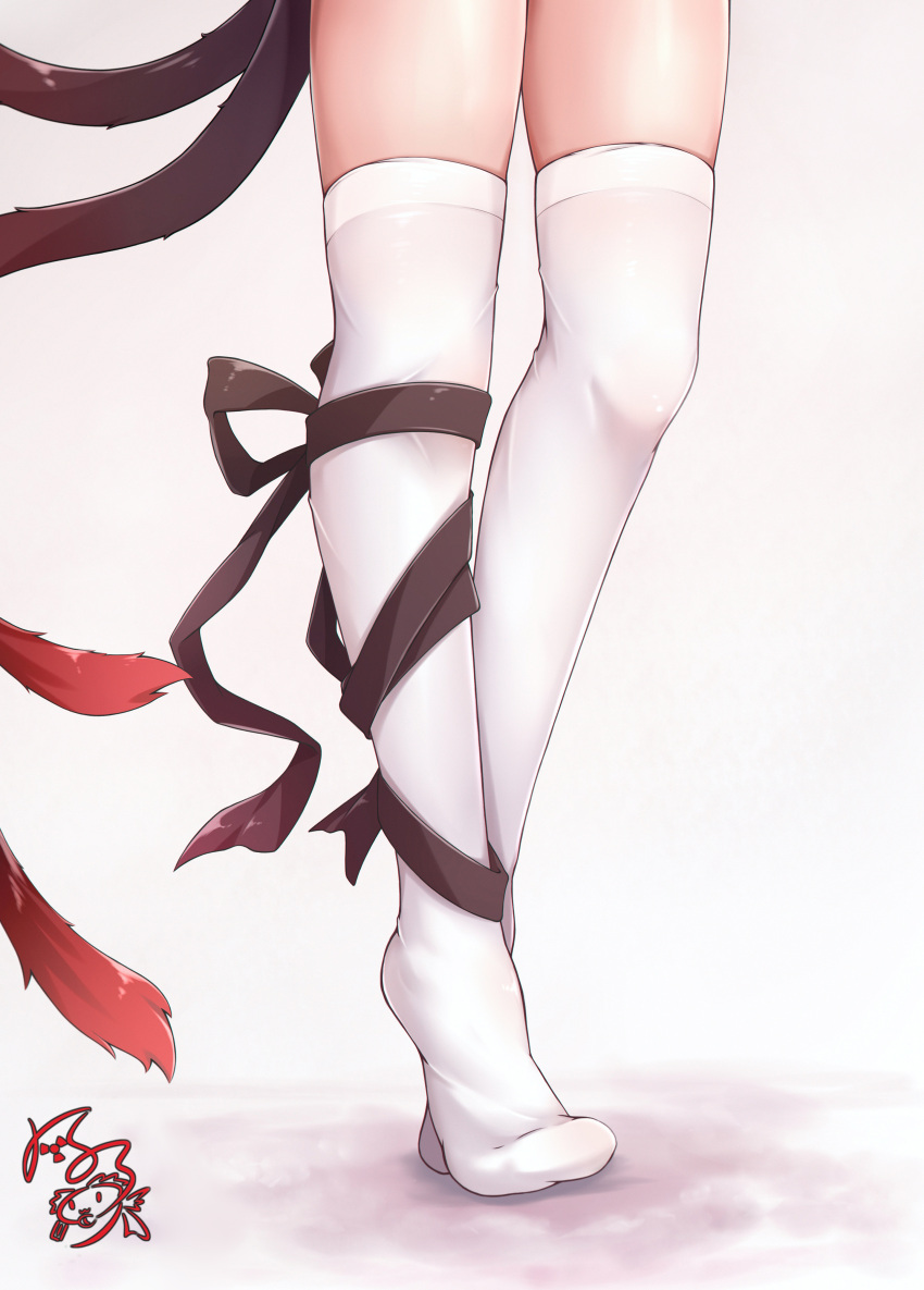 1girl absurdres cat_tail feng_ling_(fenglingwulukong) highres kaenbyou_rin leg_ribbon legs lower_body multiple_tails nekomata over-kneehighs ribbon shadow simple_background solo tail tail_ornament thigh-highs tiptoes touhou two_tails white_background white_legwear
