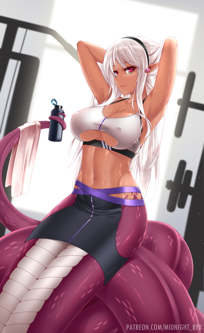 1girl armpits arms_behind_head arms_up bangs black_hairband blush breasts closed_mouth dark-skinned_female dark_skin english_commentary eyebrows_visible_through_hair groin hairband highres indoors lamia large_breasts long_hair looking_at_viewer midnight_(banyex) monster_girl navel original patreon_username pointy_ears red_eyes scales sidelocks smile solo sweat tail tying_hair white_hair