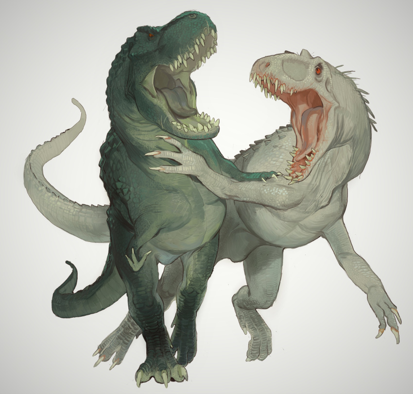 absurdres commentary crossover dinosaur english_commentary fighting highres indominus_rex jurassic_world king_kong_(2005) king_kong_(series) mossacannibalis no_humans open_mouth simple_background vastatosaurus_rex white_background