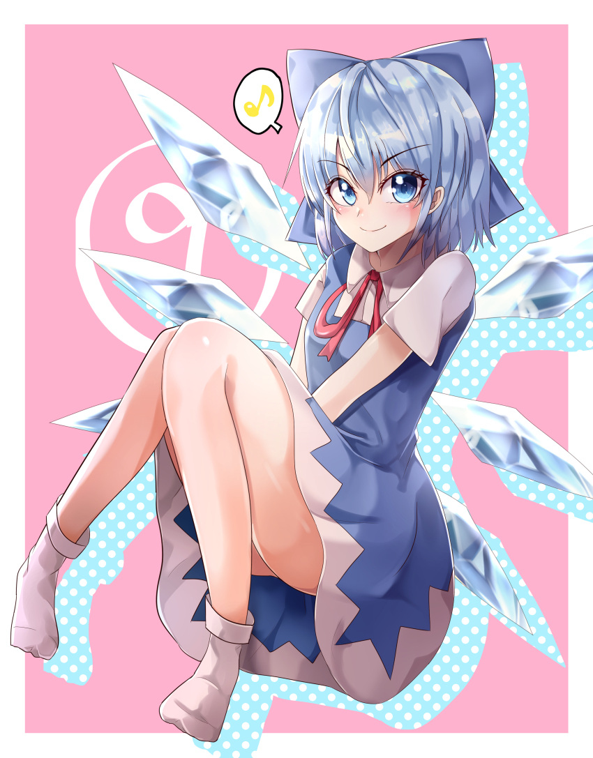 absurdres blue_bow blue_dress blue_eyes blue_hair bow circled_9 cirno closed_mouth collared_shirt commentary_request detached_wings dress eighth_note eyebrows_visible_through_hair full_body hair_between_eyes hair_bow highres ice ice_wings looking_at_viewer maboroshi_mochi musical_note neck_ribbon no_panties no_shoes pinafore_dress pink_background polka_dot polka_dot_background red_ribbon ribbon shiny shiny_hair shiny_skin shirt short_hair short_sleeves simple_background smile socks spoken_musical_note touhou v-shaped_eyebrows v_arms white_legwear white_shirt wings