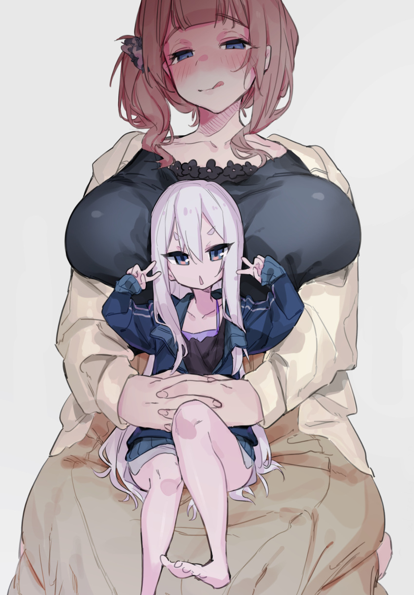 2girls absurdres age_difference blush breasts brown_hair double_v hair_between_eyes highres huge_breasts jacket licking_lips looking_at_viewer mekyokyopon mochizuki_honami multiple_girls onee-loli project_sekai side_ponytail sitting sitting_on_lap sitting_on_person size_difference tongue tongue_out v white_hair yoisaki_kanade