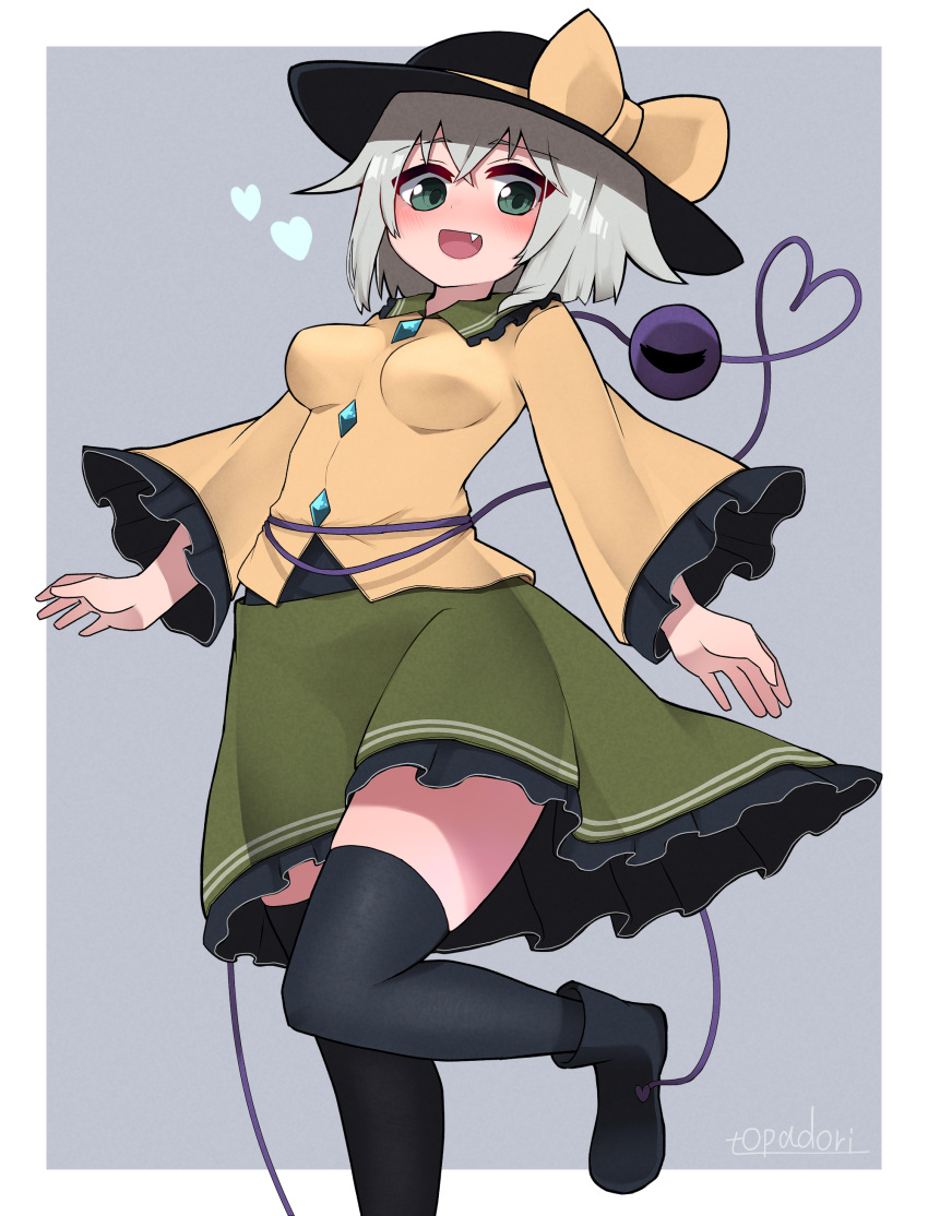 1girl :d absurdres bangs black_footwear black_headwear black_legwear blush bow breasts eyebrows_visible_through_hair fang frilled_skirt frills green_eyes green_skirt grey_background grey_hair hat hat_bow heart heart_of_string highres koishi_day komeiji_koishi leg_up looking_at_viewer medium_breasts open_mouth outside_border shirt short_hair simple_background skirt smile solo standing thigh-highs third_eye topadori touhou yellow_bow yellow_shirt