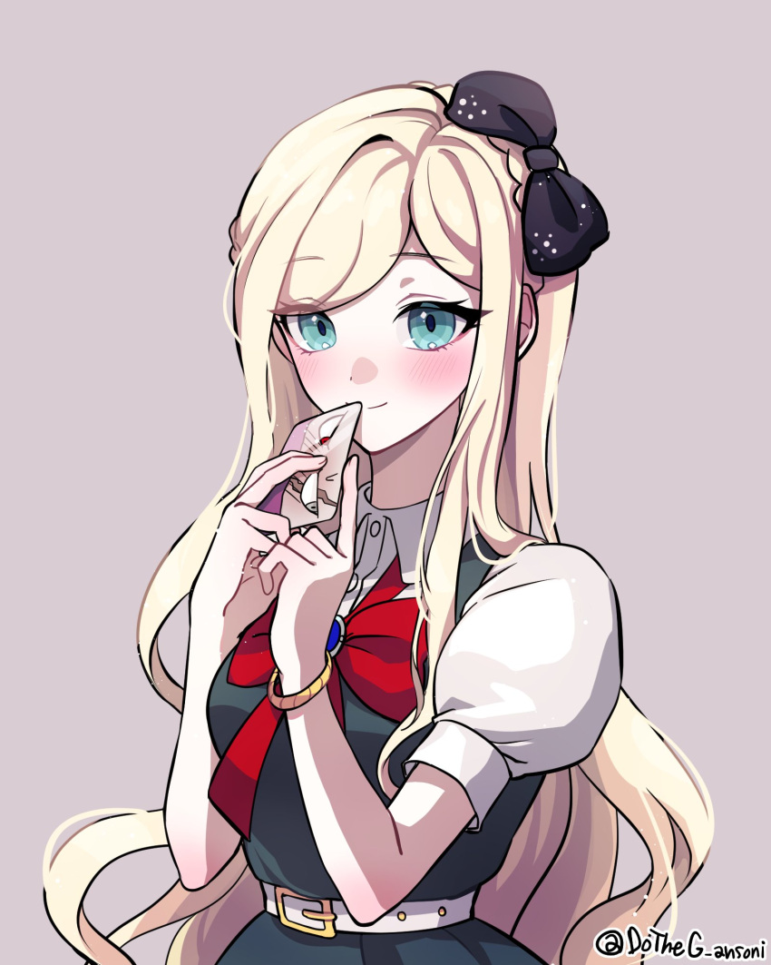 1girl artist_name bangs belt black_bow blonde_hair blush bow bowtie braid closed_mouth collared_shirt danganronpa_(series) danganronpa_2:_goodbye_despair dress dress_shirt dudeoji_(dotheg_ansoni) eyebrows_visible_through_hair green_dress green_eyes grey_background grey_shirt hair_bow hands_up highres holding long_hair puffy_short_sleeves puffy_sleeves red_bow red_bowtie shirt short_sleeves simple_background smile solo sonia_nevermind tanaka_gandamu upper_body white_belt