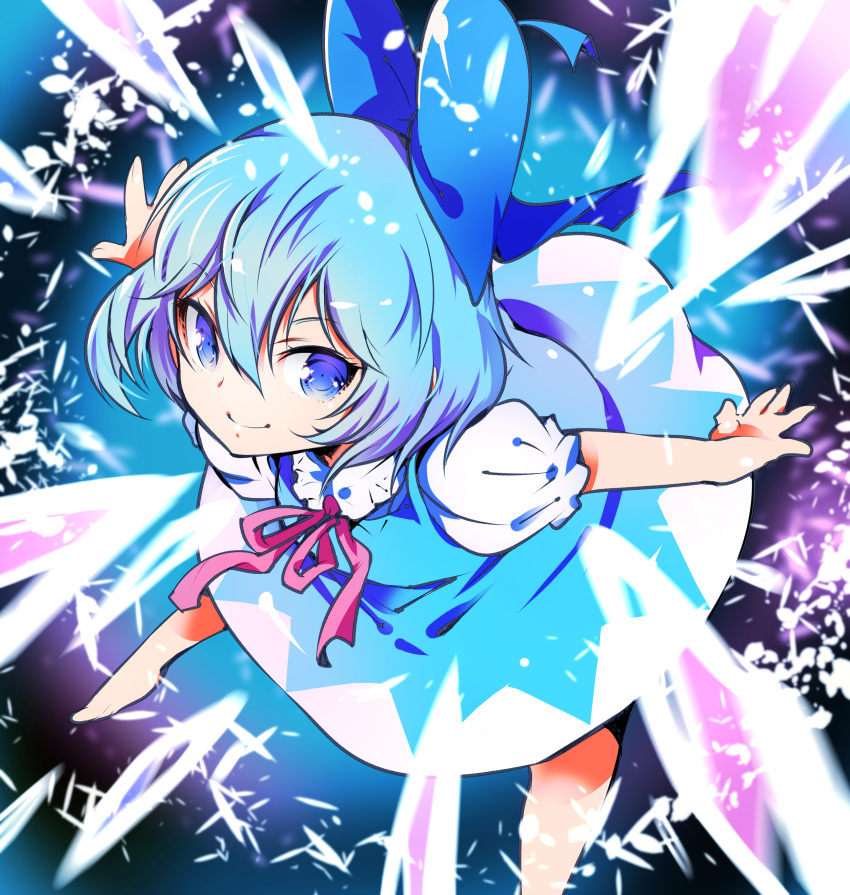 1girl absurdres barefoot blue_bow blue_dress blue_eyes blue_hair bow cirno closed_mouth detached_wings dress fairy hair_between_eyes hair_bow highres ice ice_wings ichizen_(o_tori) one-hour_drawing_challenge puffy_short_sleeves puffy_sleeves shirt short_hair short_sleeves smile solo touhou white_shirt wings