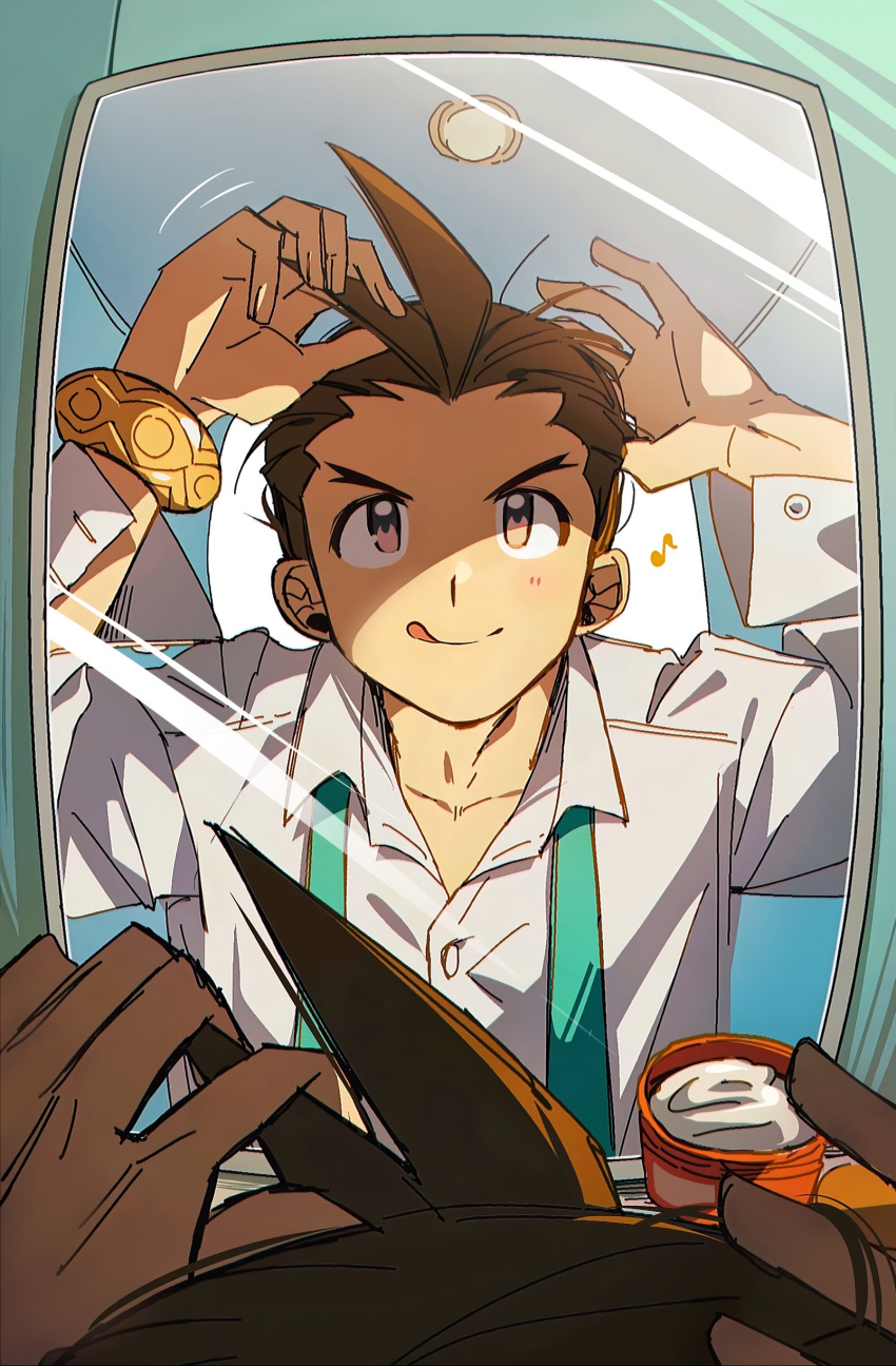 1boy :q absurdres ace_attorney adjusting_hair apollo_justice apollo_justice:_ace_attorney aqua_necktie bracelet brown_eyes brown_hair grgrton highres jewelry long_sleeves male_focus mirror musical_note necktie shirt solo spiky_hair symbol-only_commentary tongue tongue_out undone_necktie upper_body white_shirt