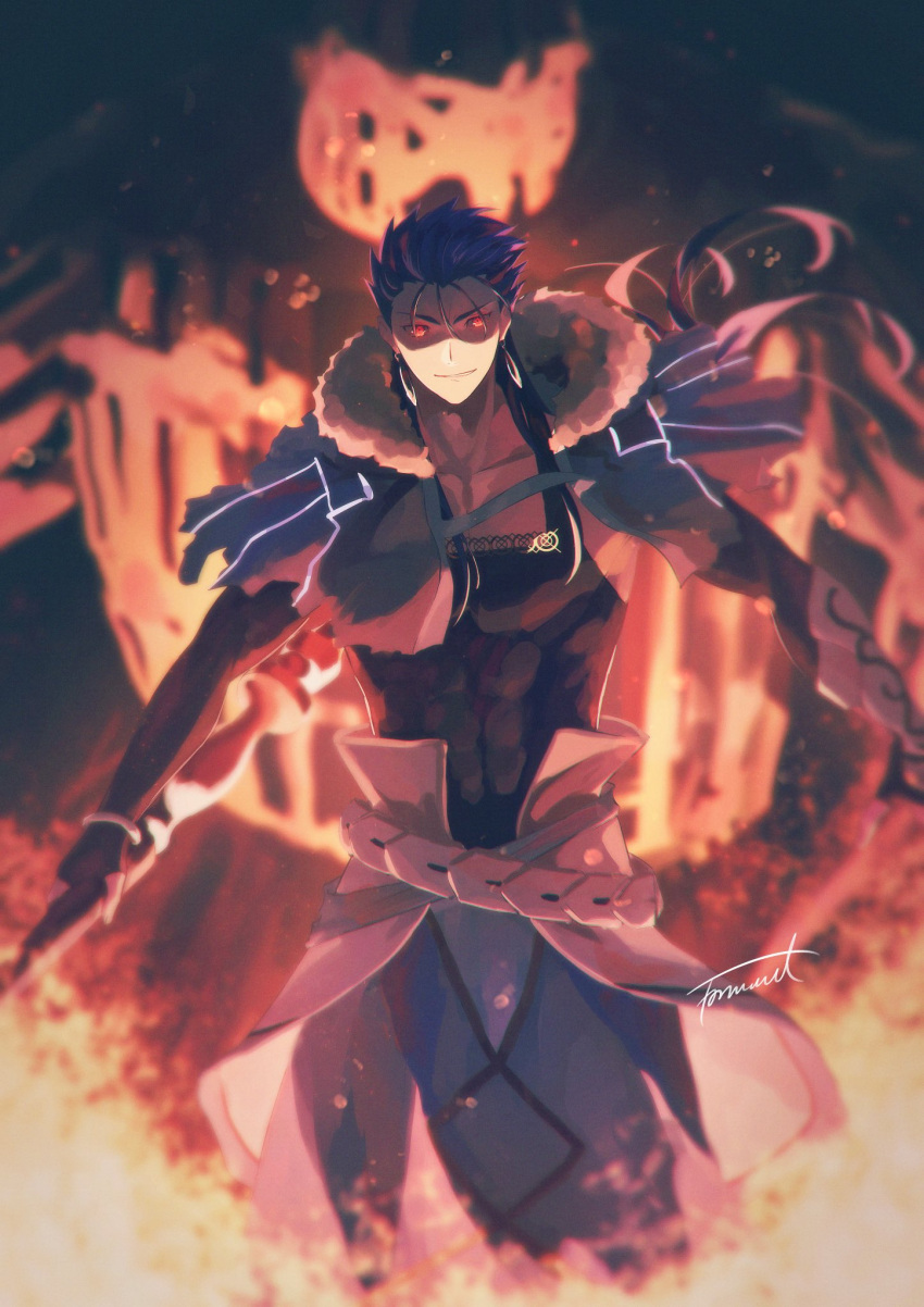 1boy abs belt blue_hair bracelet capelet closed_mouth cu_chulainn_(caster)_(fate) cu_chulainn_(fate) elbow_gloves fate_(series) fingerless_gloves fire fur-trimmed_hood fur_trim gloves glowing glowing_eyes highres holding holding_staff hood hood_down hooded_capelet jewelry long_hair looking_at_viewer male_focus moto_u_toe_say muscular muscular_male red_eyes signature single_vambrace skin_tight smile solo spiky_hair staff tank_top vambraces wicker_man