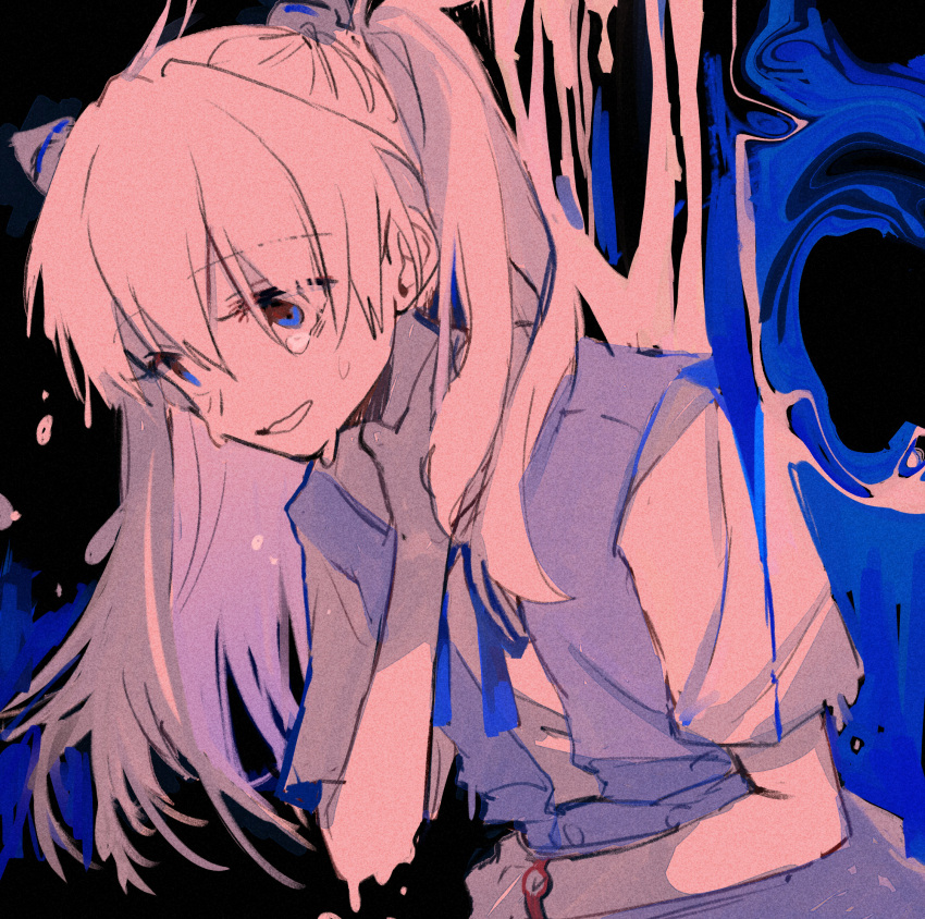 1girl abstract_background blue_eyes blue_ribbon crying crying_with_eyes_open dango_(uni_520) eyebrows_visible_through_hair eyes_visible_through_hair hair_between_eyes hand_around_neck hand_on_own_neck highres long_hair monochrome neon_genesis_evangelion parted_lips ribbon sketch solo souryuu_asuka_langley spot_color tears twintails watch watch