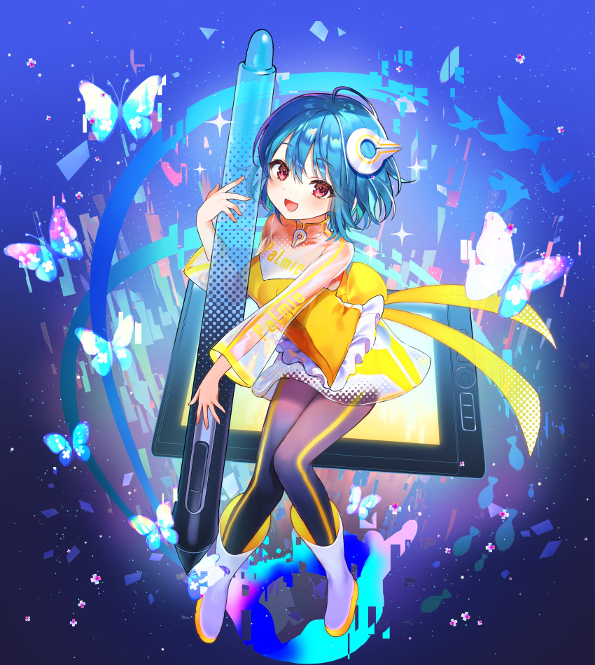 1girl absurdres ankle_boots bangs blue_hair boots bug butterfly copyright_request drawing_tablet dress floating hair_ornament highres holding holding_stylus long_sleeves looking_at_viewer nekoyashiki_pushio official_art open_mouth oversized_object pink_eyes see-through see-through_sleeves short_dress short_hair smile solo stylus white_footwear yellow_dress