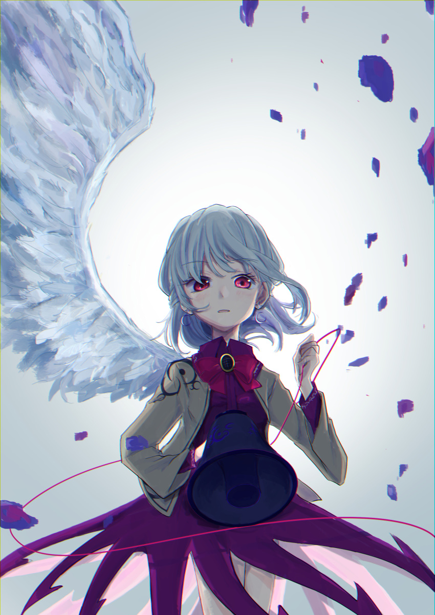 1girl absurdres backlighting bangs bow bowtie braid brooch dress feathered_wings french_braid gradient gradient_background highres holding jacket jewelry kishin_sagume long_sleeves looking_at_viewer open_clothes open_jacket purple_dress red_bow red_eyes short_hair simple_background single_wing solo touhou uzumibi white_wings wings