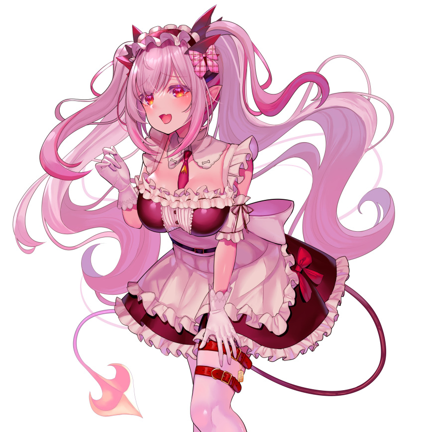 1girl absurdres bangs breasts demon_tail detached_collar dress frilled_hairband frills futayamam2 gloves hairband hand_on_own_thigh hand_up highres honey_strap large_breasts leaning_forward long_hair necktie open_mouth pink_hair pointy_ears raised_eyebrows red_eyes short_dress simple_background solo standing suou_patra tail thigh_strap twintails virtual_youtuber white_background white_gloves