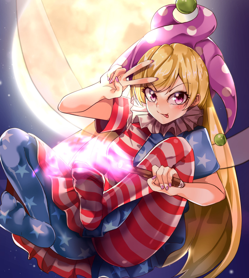 1girl :p absurdres american_flag_dress american_flag_legwear blonde_hair clownpiece commentary_request eyebrows_visible_through_hair fairy_wings full_body hat highres holding holding_torch jester_cap long_hair looking_at_viewer maboroshi_mochi moon nail_polish neck_ruff no_shoes outdoors pantyhose pink_nails purple_headwear shiny shiny_hair short_sleeves solo tongue tongue_out torch touhou v v-shaped_eyebrows very_long_hair violet_eyes wings