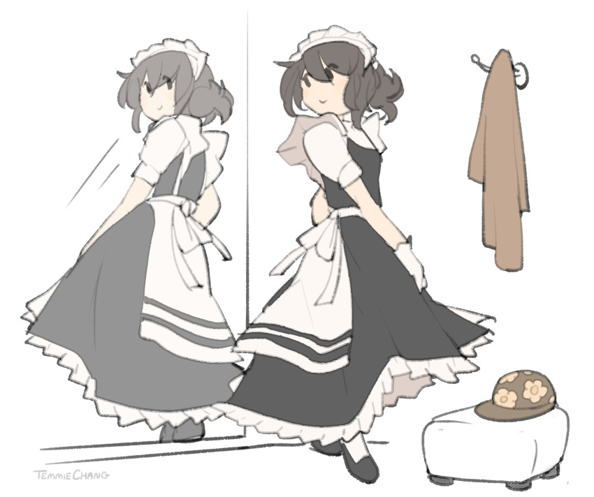 1girl black_eyes black_footwear black_hair blush brown_hair changing_clothes changing_room dress full_body hat high_heels highres looking_at_mirror maid mirror original short_hair simple_background skirt smile solo temmie_chang temmie_chang_(character)