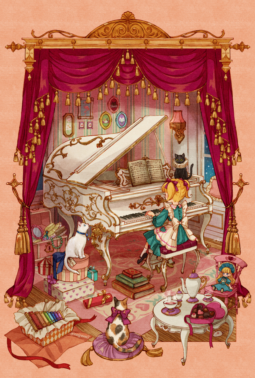 1girl absurdres blonde_hair book box cat chair chocolate commentary cup curtains doll facing_away gift gift_box grand_piano heart-shaped_box highres indoors instrument kettle music original piano playing_instrument saigasai table teacup twintails xylophone