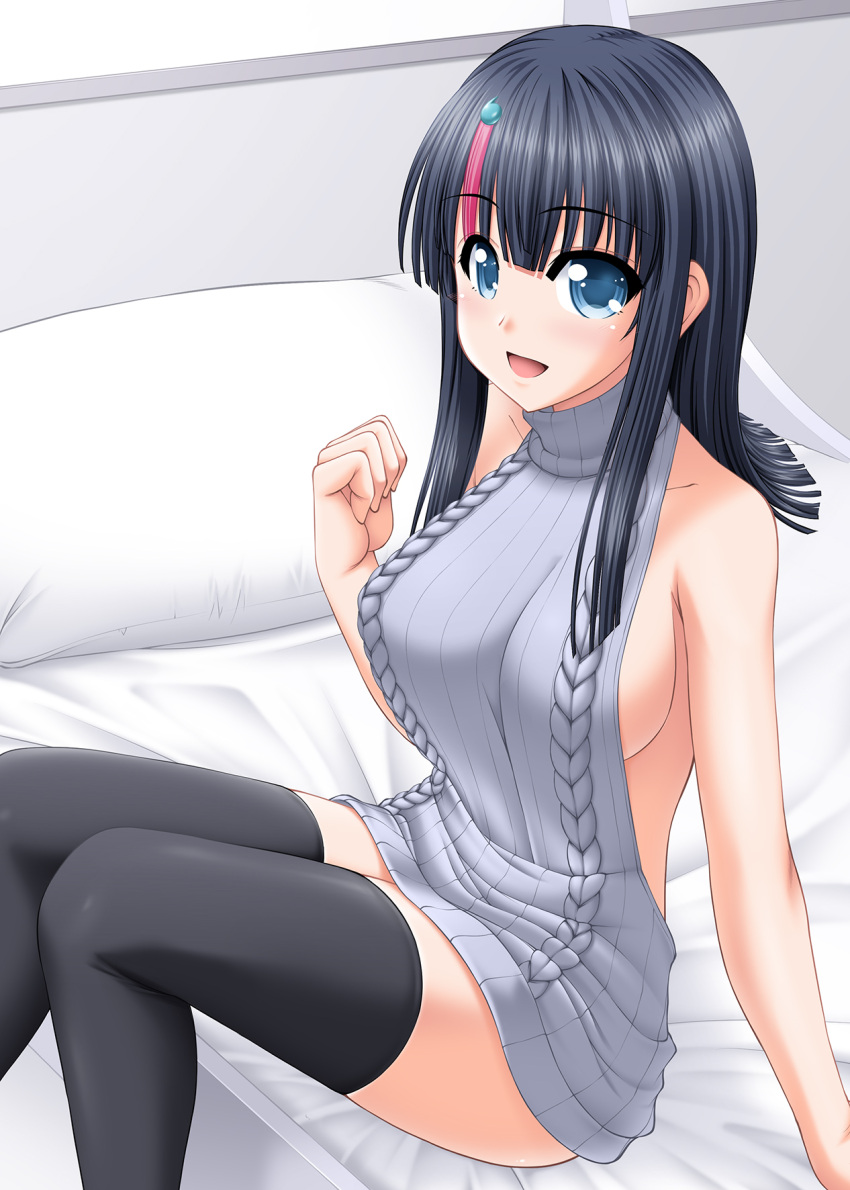 1girl backless_dress backless_outfit bangs bare_shoulders bed black_hair black_legwear black_thighhighs blue_eyes blush breasts dress fate/grand_order fate/requiem fate_(series) grey_sweater highres kiryuu_makoto large_breasts legs legs_together looking_at_viewer magatama magatama_hair_ornament medium_hair meme_attire multicolored_hair no_bra on_bed open_mouth pillow pink_hair sideboob sidelocks sitting smile streaked_hair sweater sweater_dress thigh-highs thighs turtleneck turtleneck_sweater type-moon utsumi_erice virgin_killer_sweater