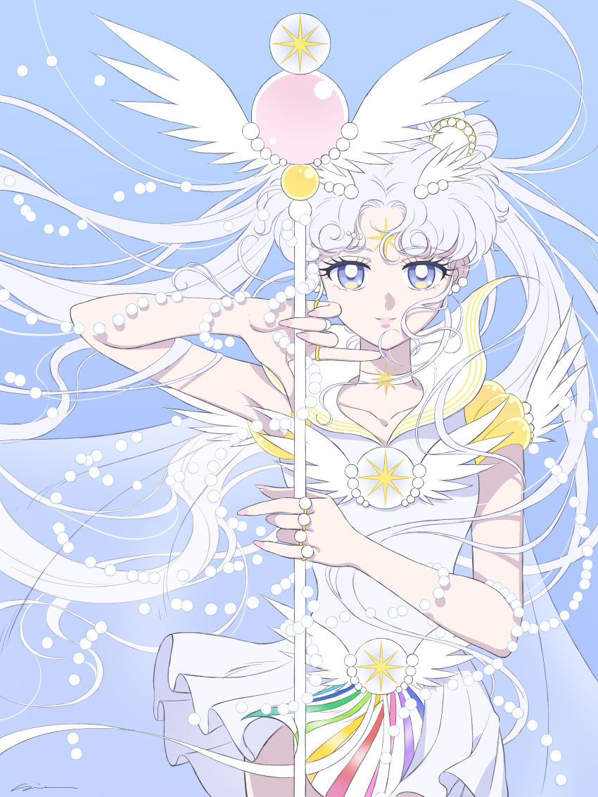 1girl absurdres bangs beads bishoujo_senshi_sailor_moon blue_background choker collarbone double_bun english_commentary facial_mark floating_hair forehead_mark highres holding holding_staff long_hair parted_bangs sailor_cosmos sidney_deng solo staff twintails violet_eyes white_choker white_hair wings