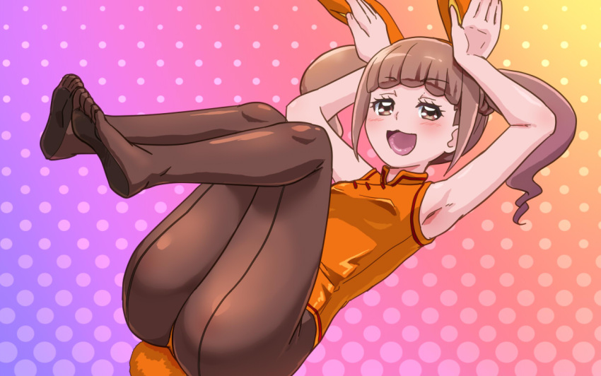 1girl :d armpits ass awa breasts brown_eyes brown_hair feet full_body healin'_good_precure hiramitsu_hinata long_hair looking_at_viewer open_mouth pantyhose precure rabbit_tail smile solo tail twintails