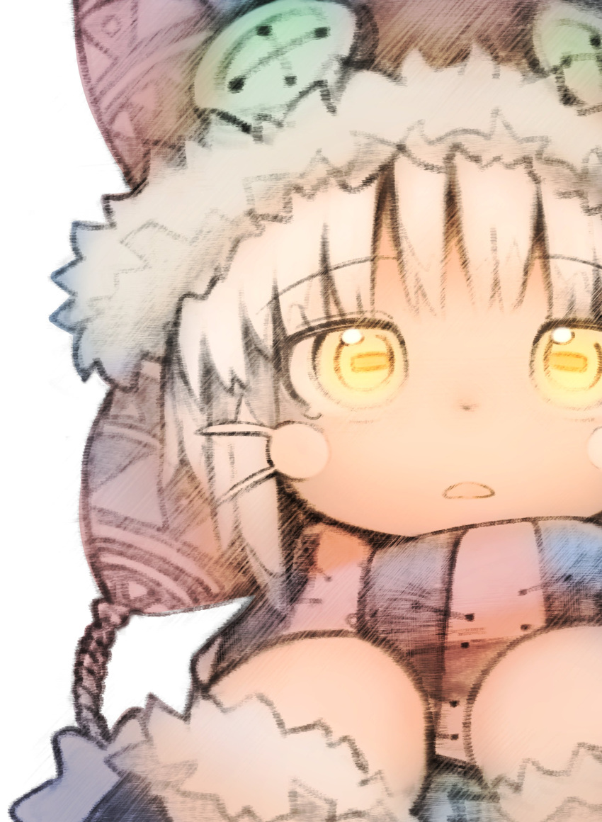 1other absurdres alternate_costume animal_hat brown_fur buttons close-up eyebrows_visible_through_hair eyes_visible_through_hair face fur-trimmed_headwear fur-trimmed_sleeves fur_trim furry grey_hair hands_up hat highres horizontal_pupils long_sleeves looking_at_viewer made_in_abyss nanachi_(made_in_abyss) parted_lips potapon ribbon-trimmed_sleeves ribbon_trim scarf short_hair simple_background solo striped striped_scarf upper_body white_background woollen_cap yellow_eyes