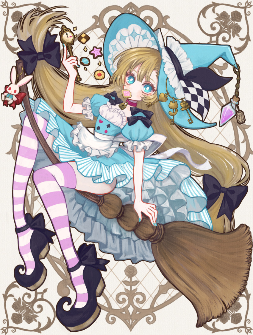 1girl alice_(alice_in_wonderland) alice_in_wonderland blonde_hair blue_eyes bow bright_pupils broom broom_riding commentary cookie food hair_bow hat highres long_hair mouth_hold original pointy_footwear saigasai solo striped striped_legwear thigh-highs twintails very_long_hair wand watermark white_pupils witch witch_hat